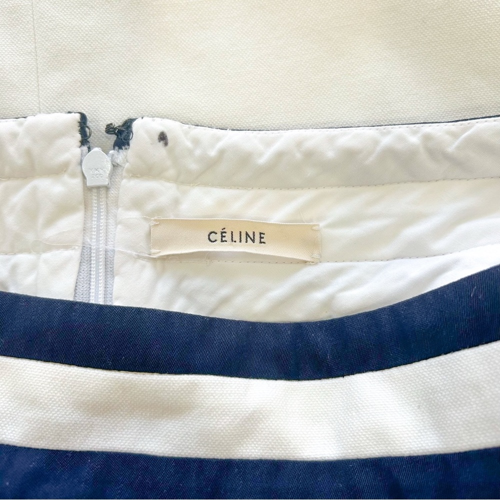Celine White Cotton A-Line Skirt Navy Stripe Waist Size 40 Preppy Minimalist - Picture 10 of 13
